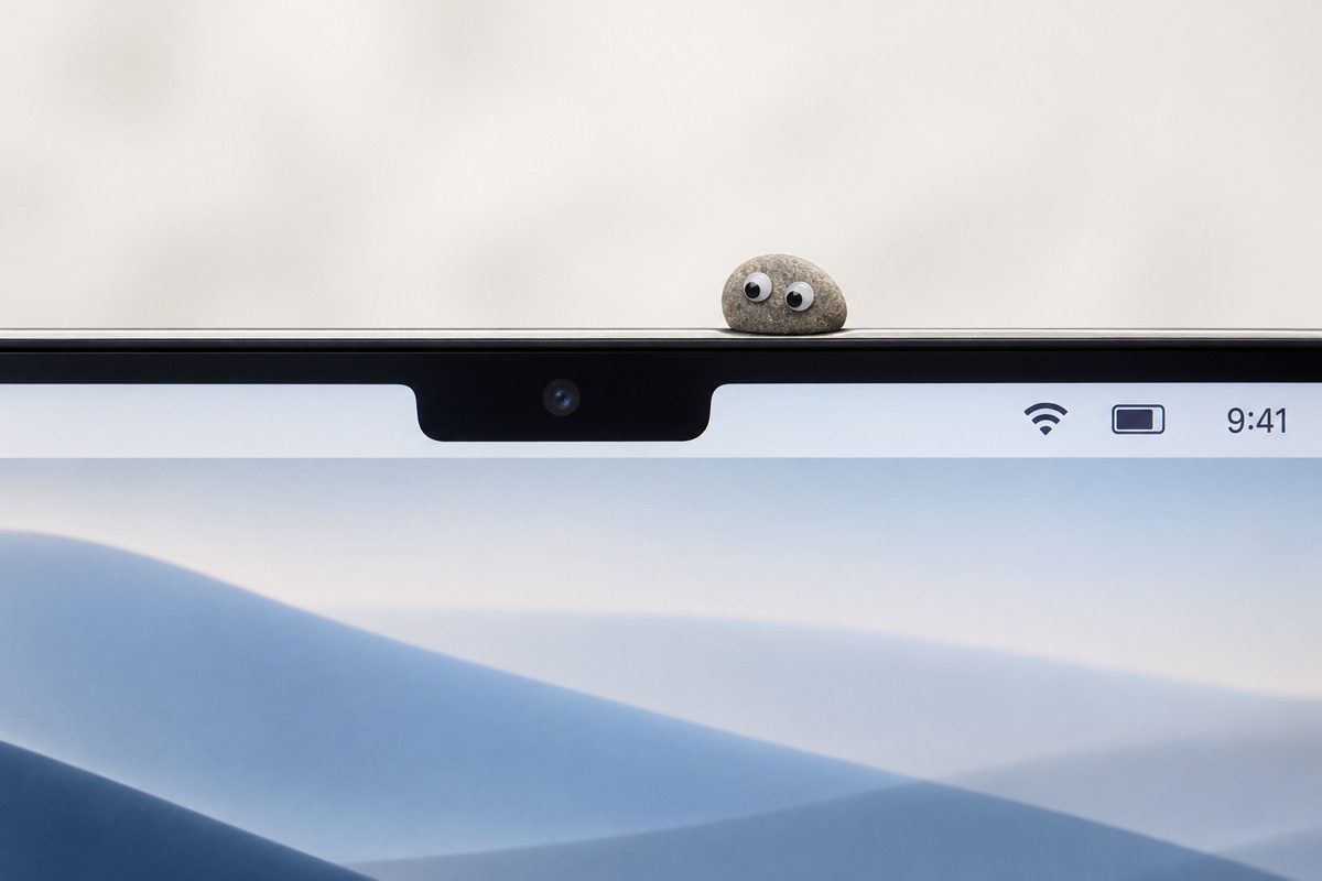 A tiny pebble with googly eyes sitting next to the notch in a laptop's menu bar