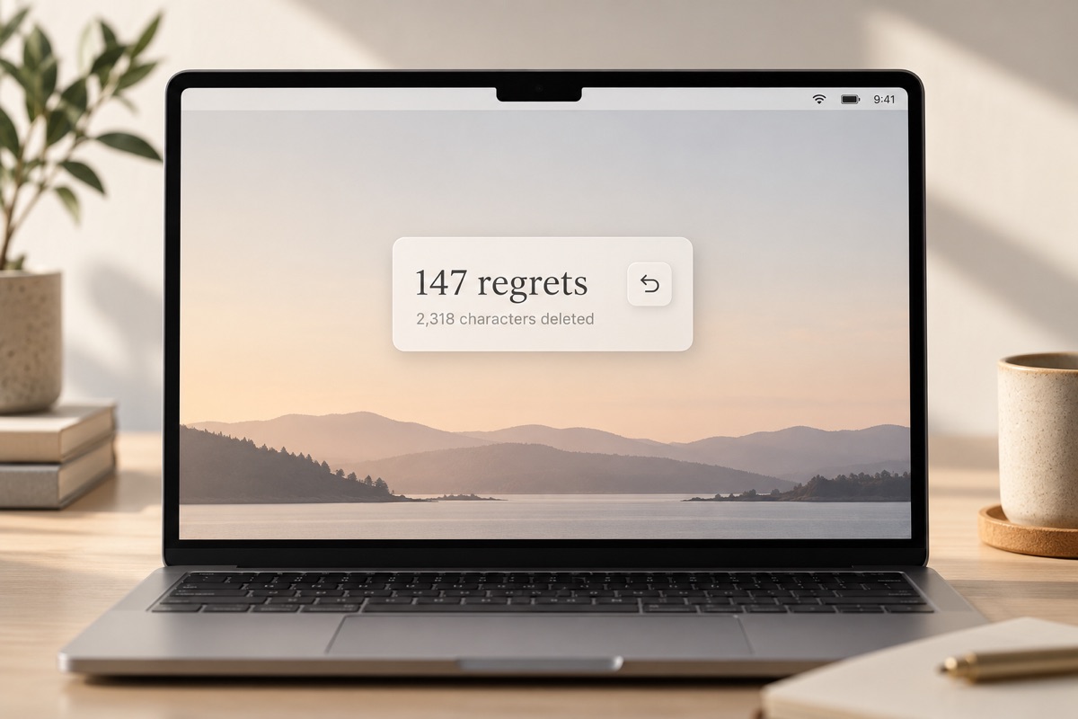 A desktop widget reading 147 regrets and 2,318 characters deleted
