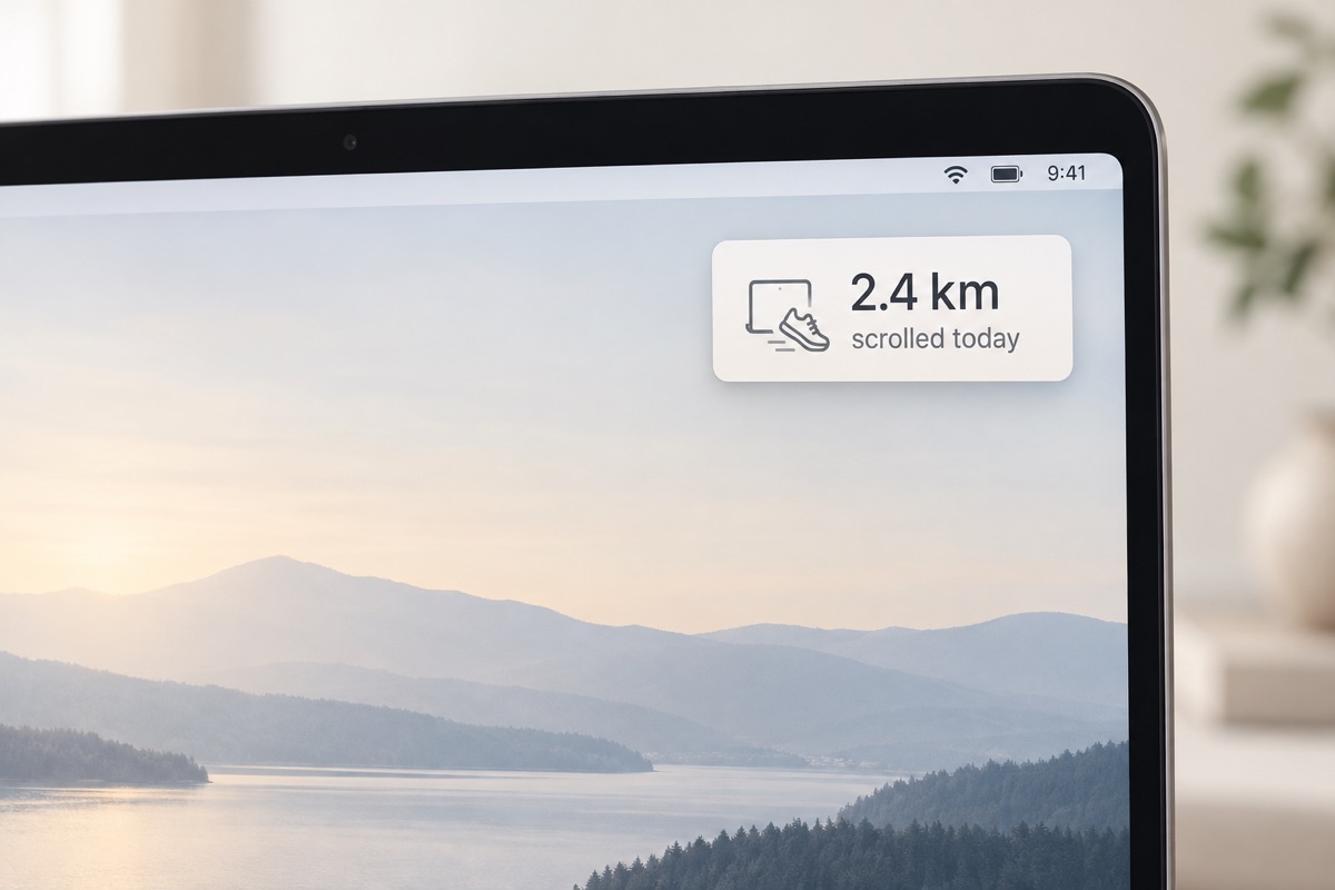 A fitness-style desktop widget reading 2.4 km scrolled today