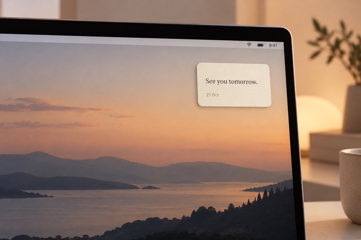 A sticky-note card on a desktop reading See you tomorrow.