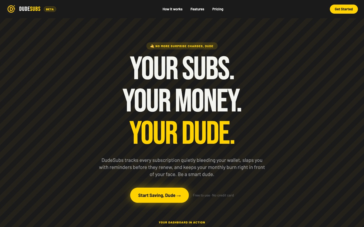 DudeSubs landing page: Your subs. Your money. Your dude.