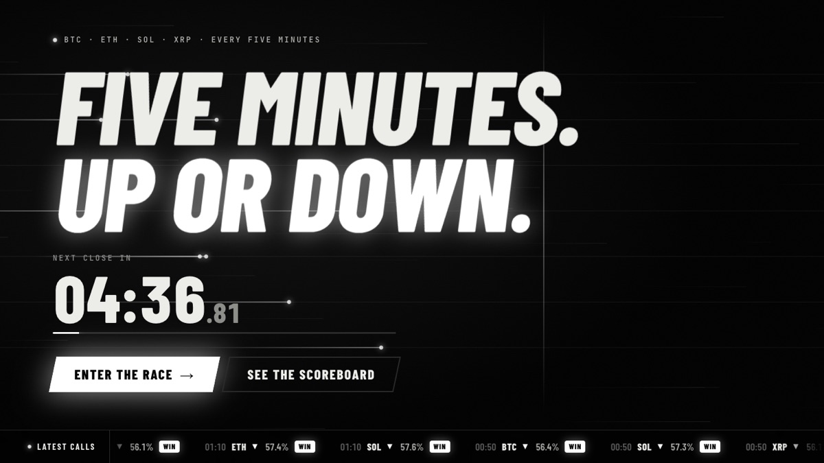 Fivesight landing page: Five minutes. Up or down., with a countdown to the next close and a ticker of recent calls