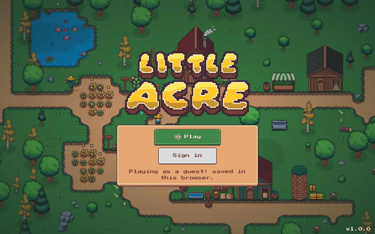 Little Acre title screen: the pixel-art logo with Play and Sign in over the farm