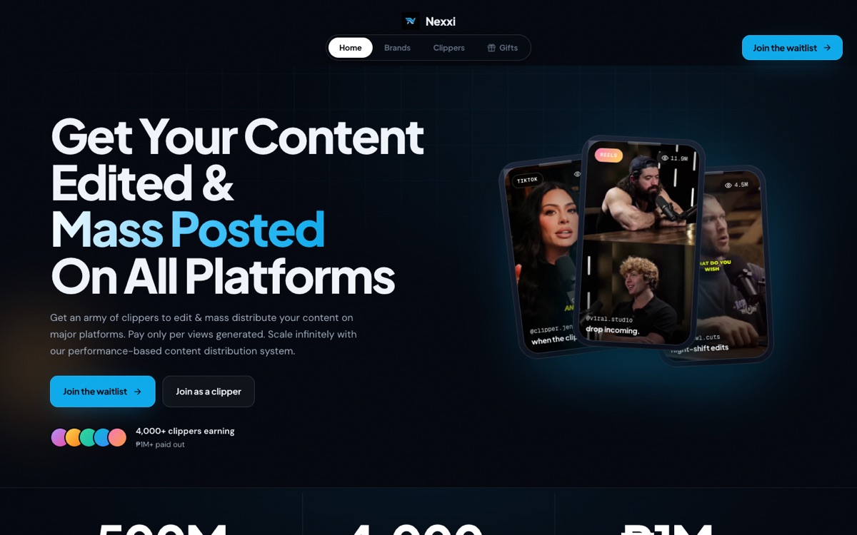 Nexxi landing page: Get your content edited and mass posted on all platforms